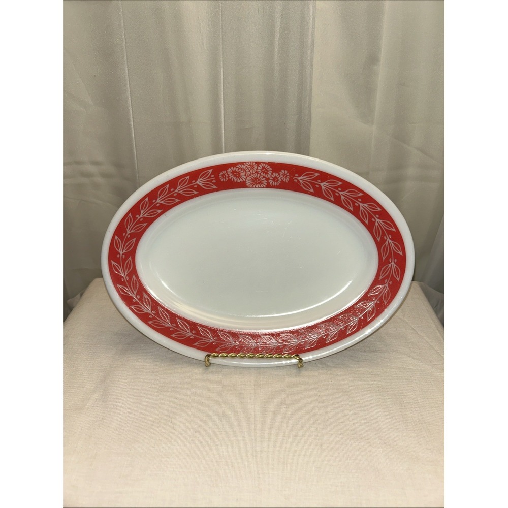 Vtg Corning Pyrex Red Laurel Leaf Tableware Oval Platter Plate, #793-39 A